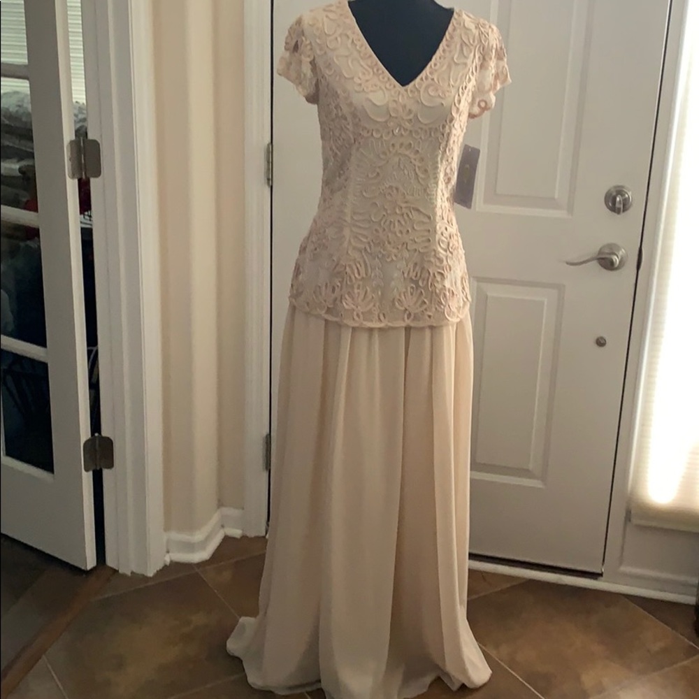 JS Collections Beige V-Neck Soutache Embroidered Gown